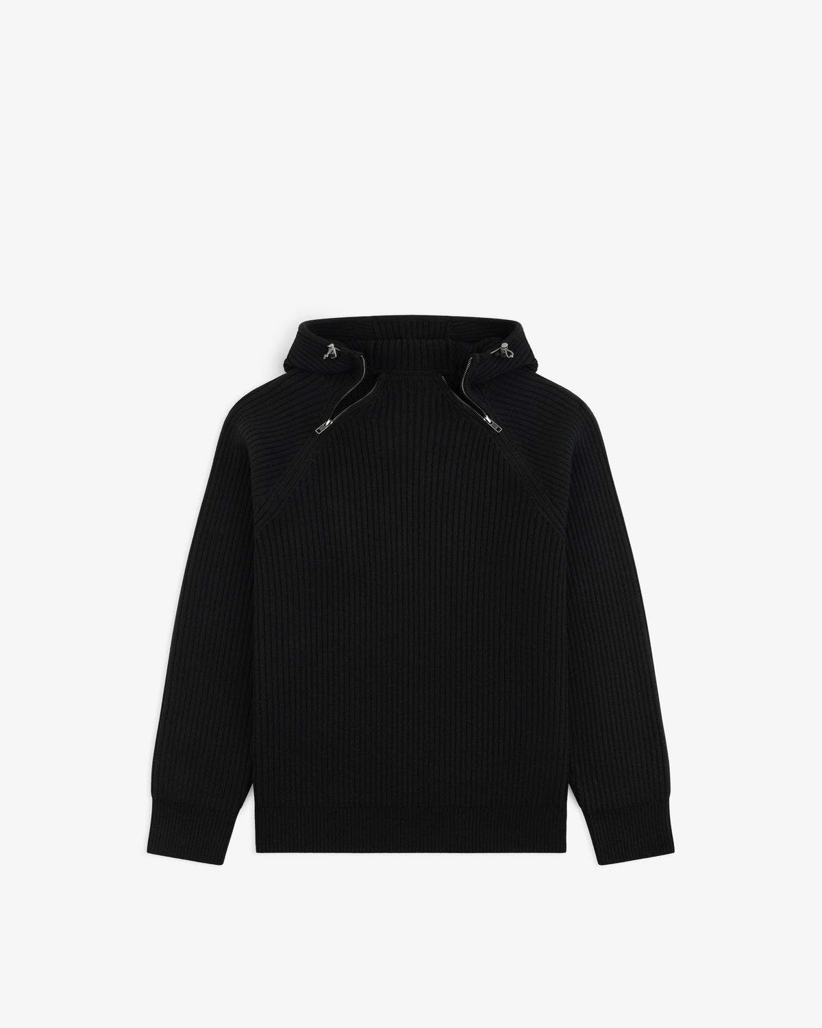 Black Wool Ribbed Knit Hoodie with a high neck and front zipper detail.