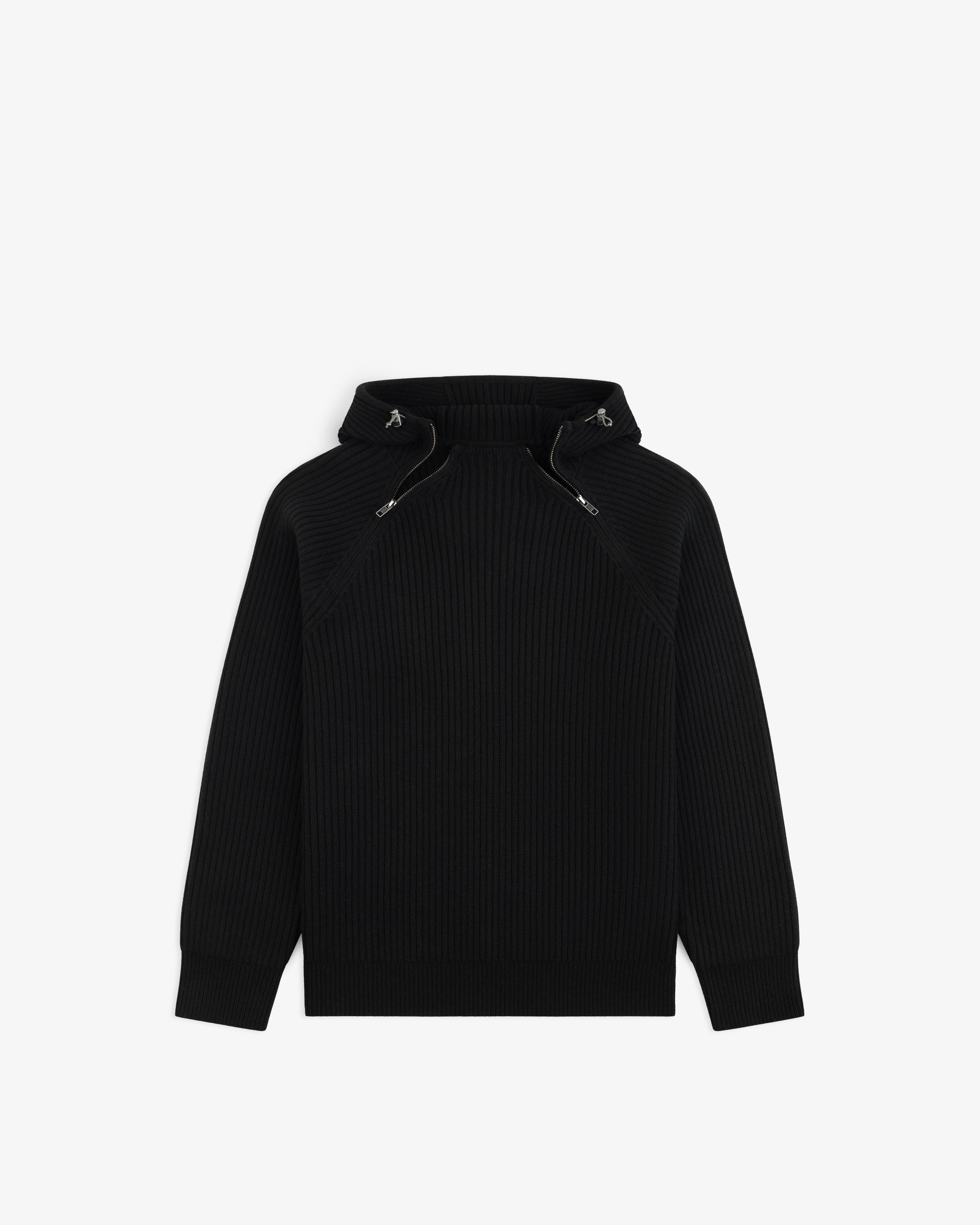 Black Wool Ribbed Knit Hoodie with a high neck and front zipper detail.