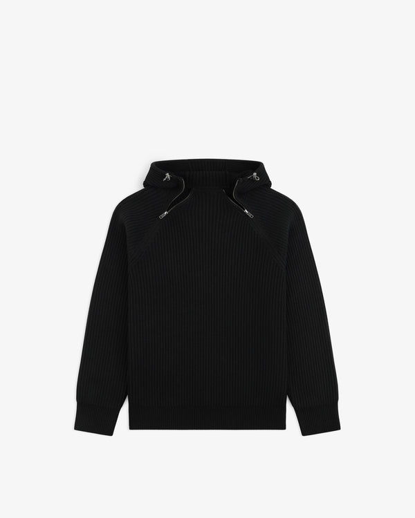 Black Wool Ribbed Knit Hoodie with a high neck and front zipper detail.