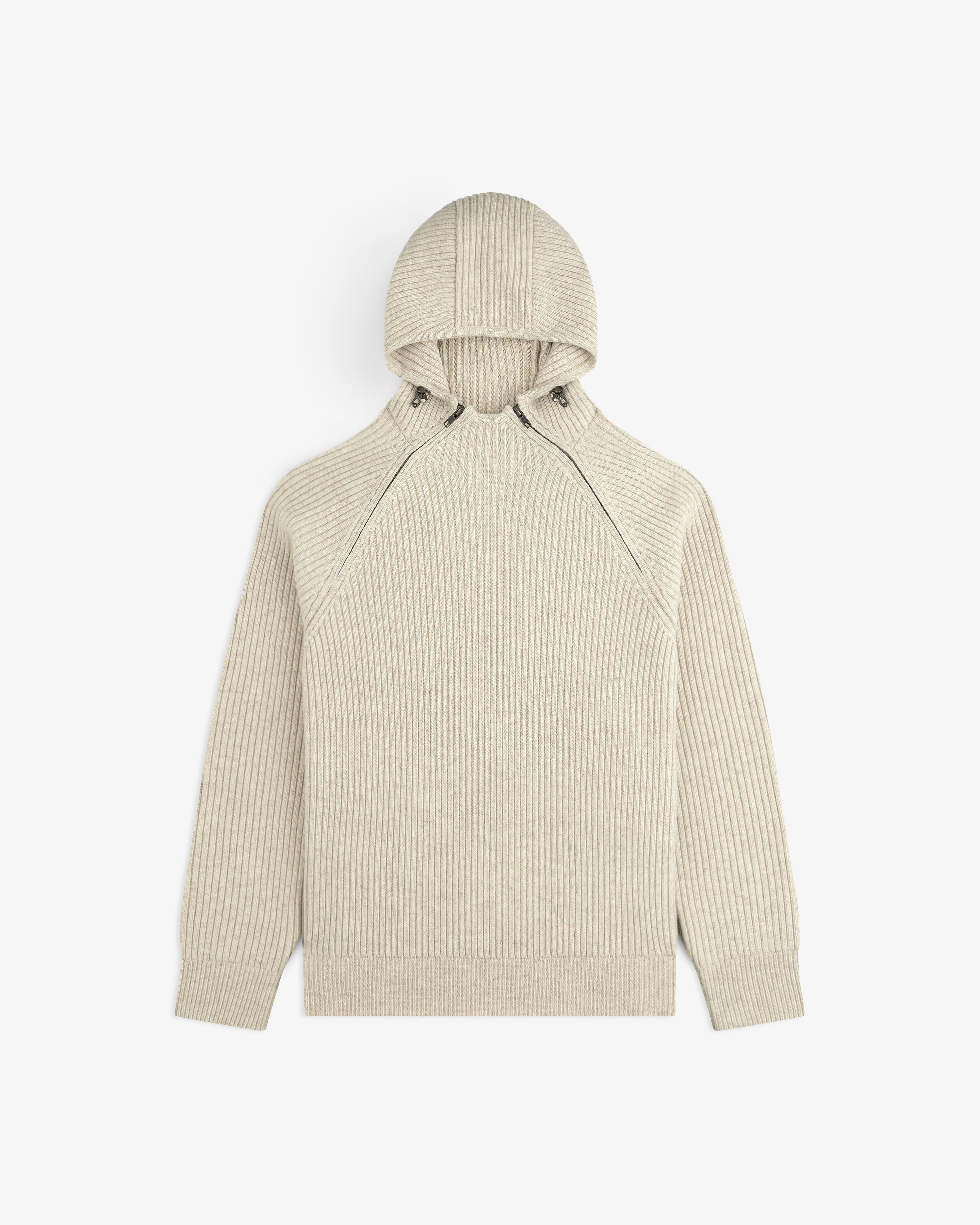 Beige Wool Ribbed Knit Hoodie with a diagonal zipper detail at the neckline.