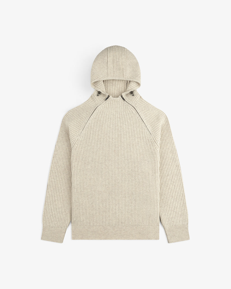 Beige Wool Ribbed Knit Hoodie with a diagonal zipper detail at the neckline.