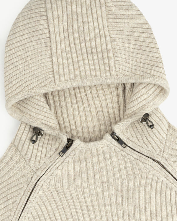 Beige Wool Ribbed Knit Hoodie with a full-length front zipper and adjustable drawstring hood.