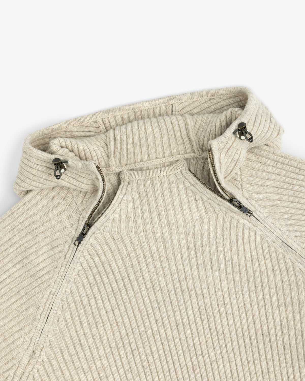 Beige Wool Ribbed Knit Hoodie with a partial zip neckline.