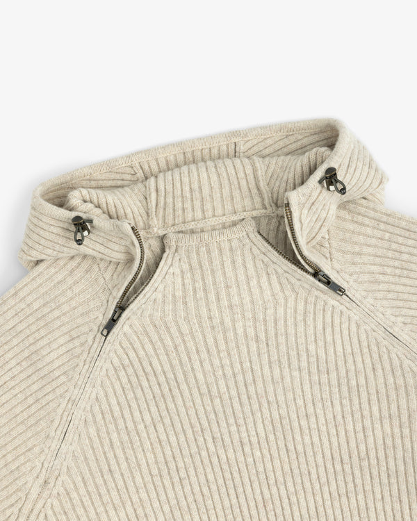 Beige Wool Ribbed Knit Hoodie with a partial zip neckline.
