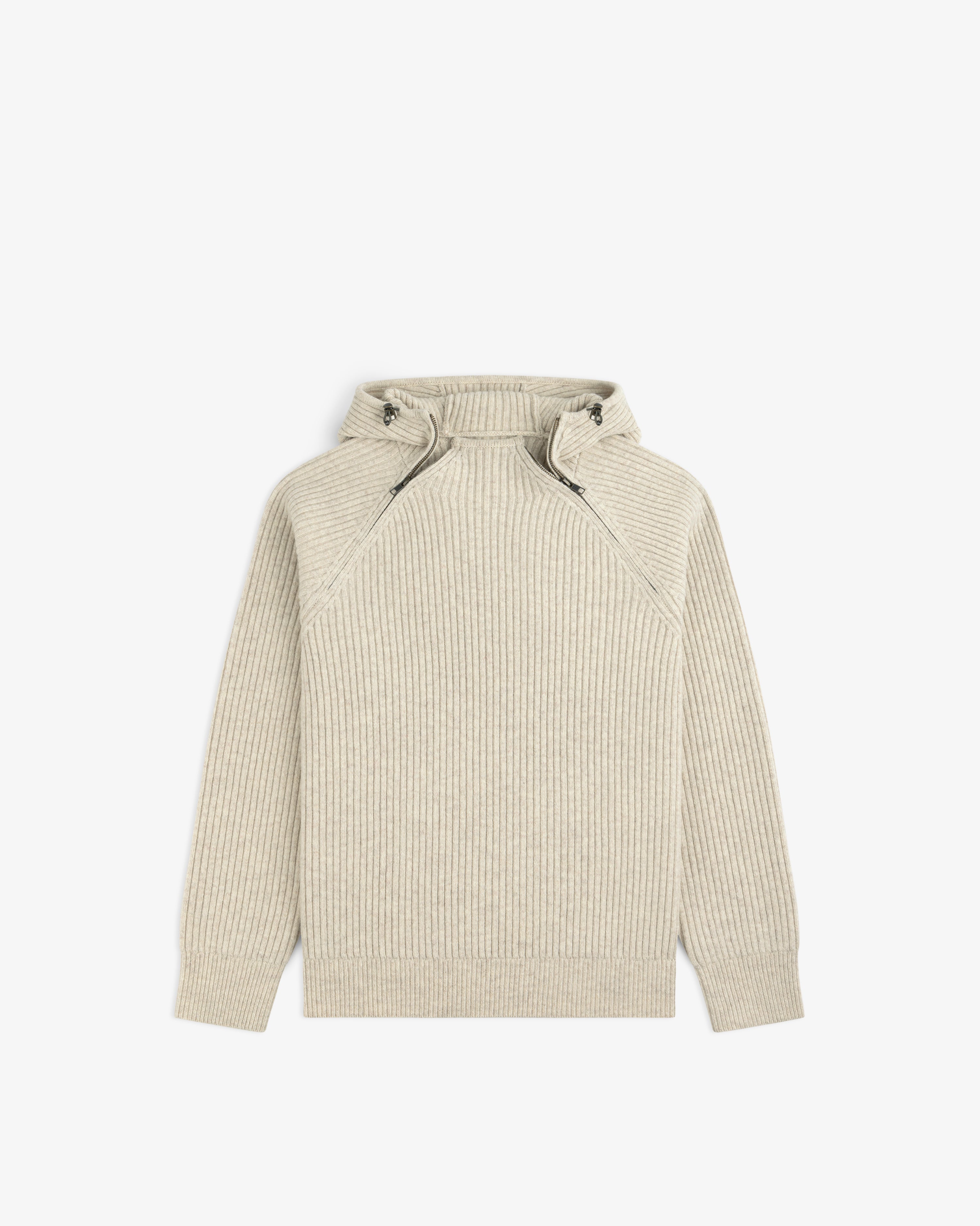 Wool Ribbed Knit Hoodie in beige, featuring a ribbed knit, quarter-zip collar, and drawstrings.