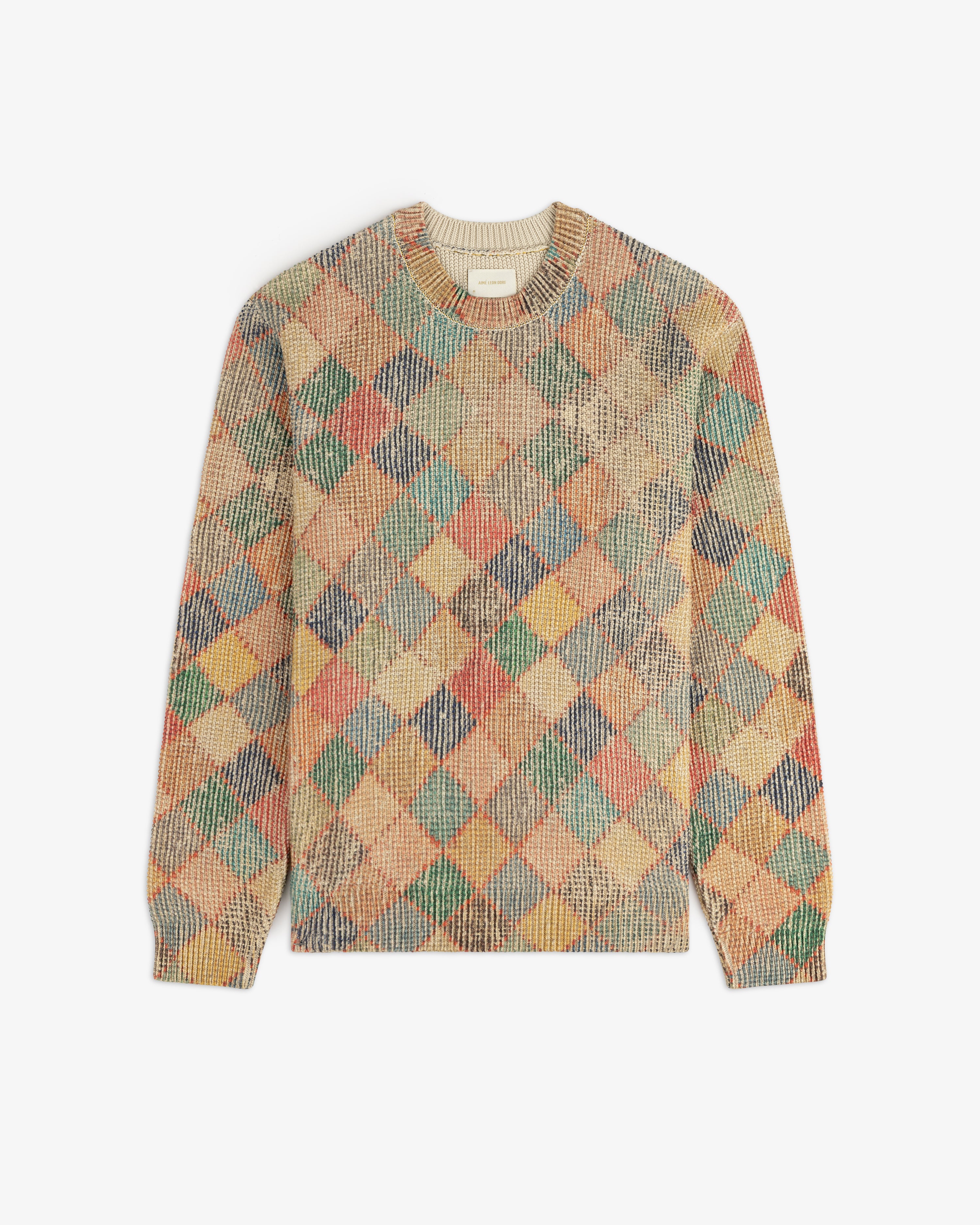 Kilim Argyle Crewneck Sweater in multicolor argyle pattern, displayed flat on a white background.