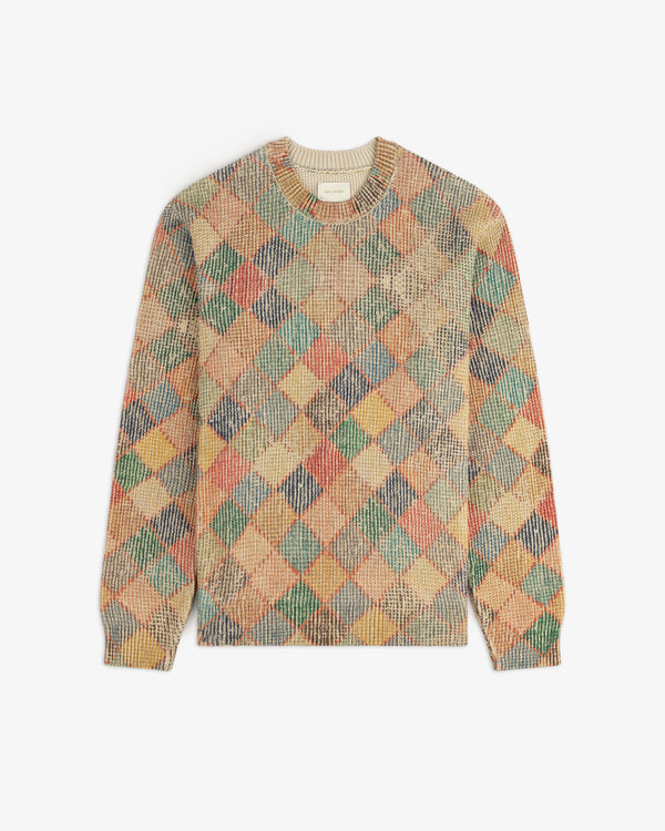 Kilim Argyle Crewneck Sweater in multicolor argyle pattern, displayed flat on a white background.