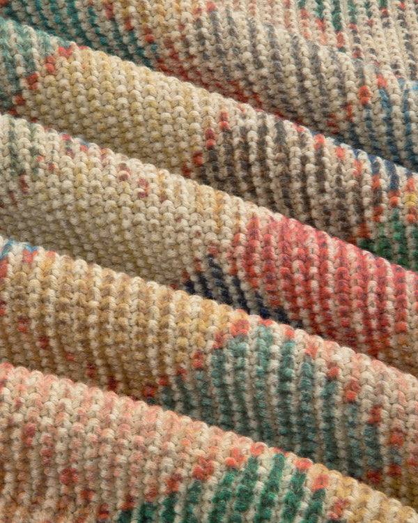Colorful, textured Kilim Argyle Crewneck Sweater with yellow, red, green, and blue diagonal stripes.