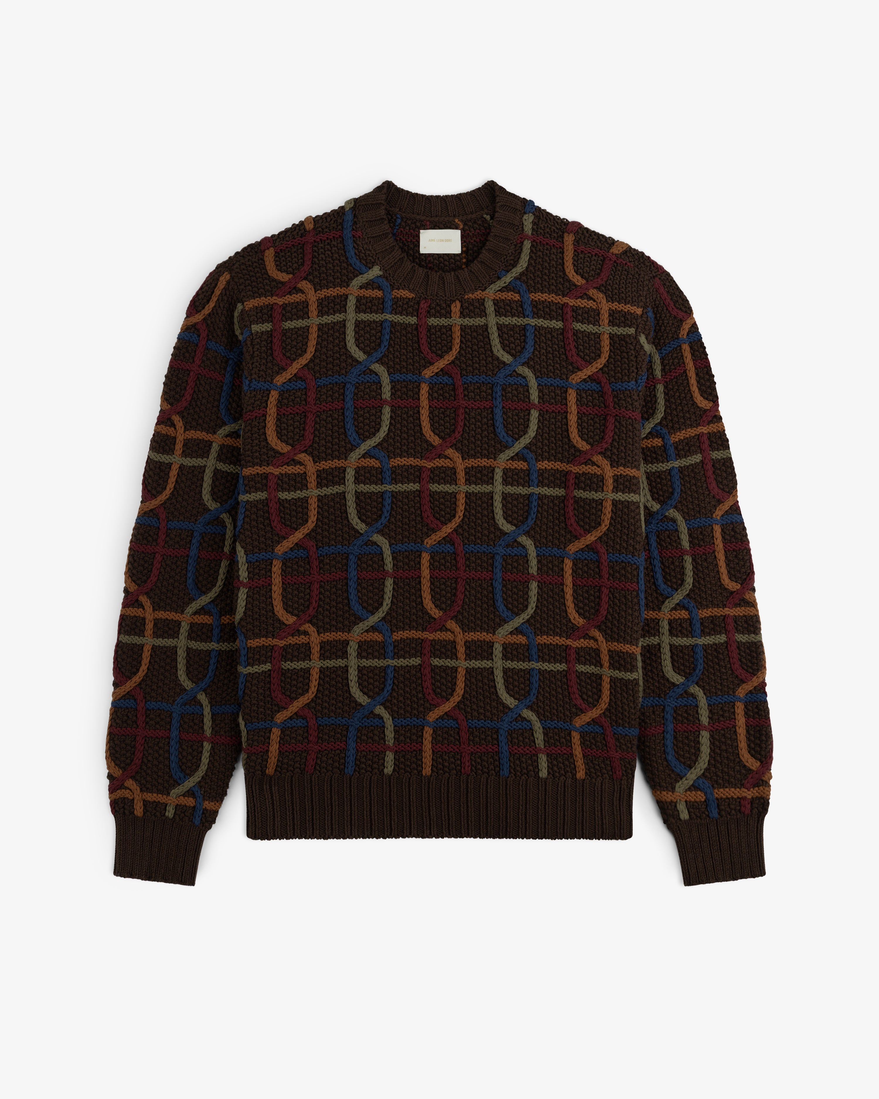 Cable Link Crewneck Sweater in brown with a multicolored chain-link knit pattern.