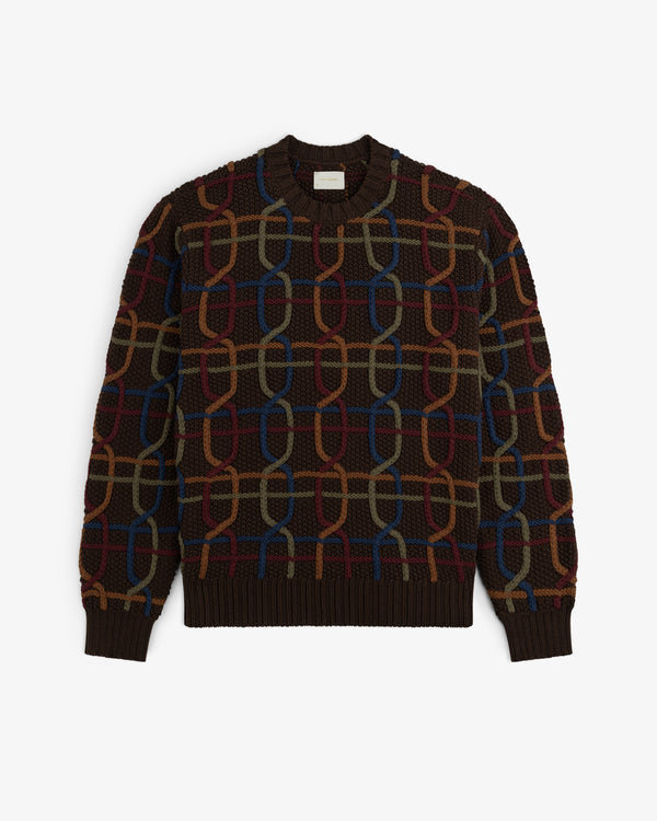 Cable Link Crewneck Sweater in brown with a multicolored chain-link knit pattern.