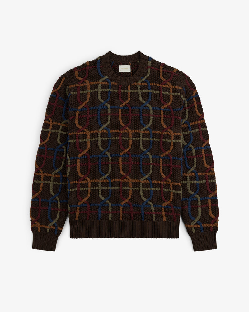 Cable Link Crewneck Sweater in brown with a multicolored chain-link knit pattern.