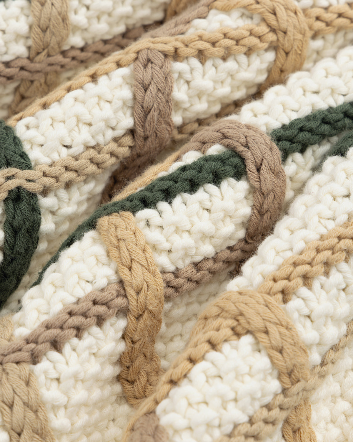 Close-up of a Cable Link Crewneck Sweater with white, tan, and dark green interlocking cable-style patterns.