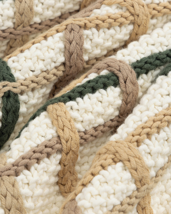 Close-up of a Cable Link Crewneck Sweater with white, tan, and dark green interlocking cable-style patterns.