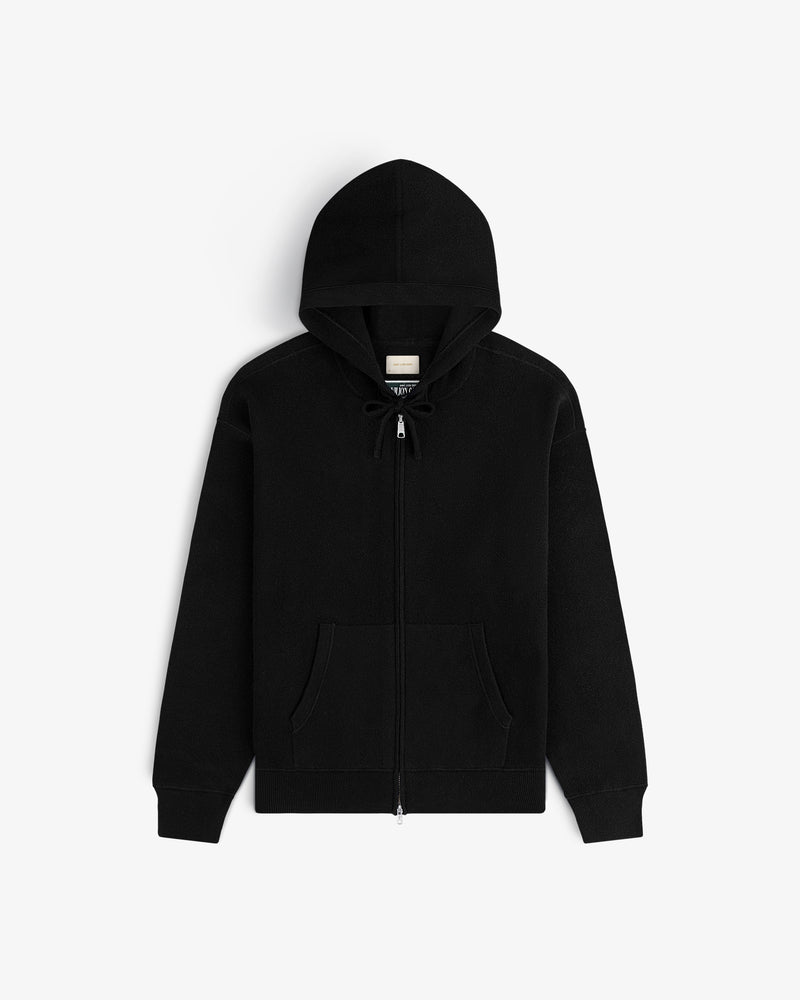 Full-Zip Pavilion Cashmere Hoodie with front pockets and drawstring hood, shown on a white background.