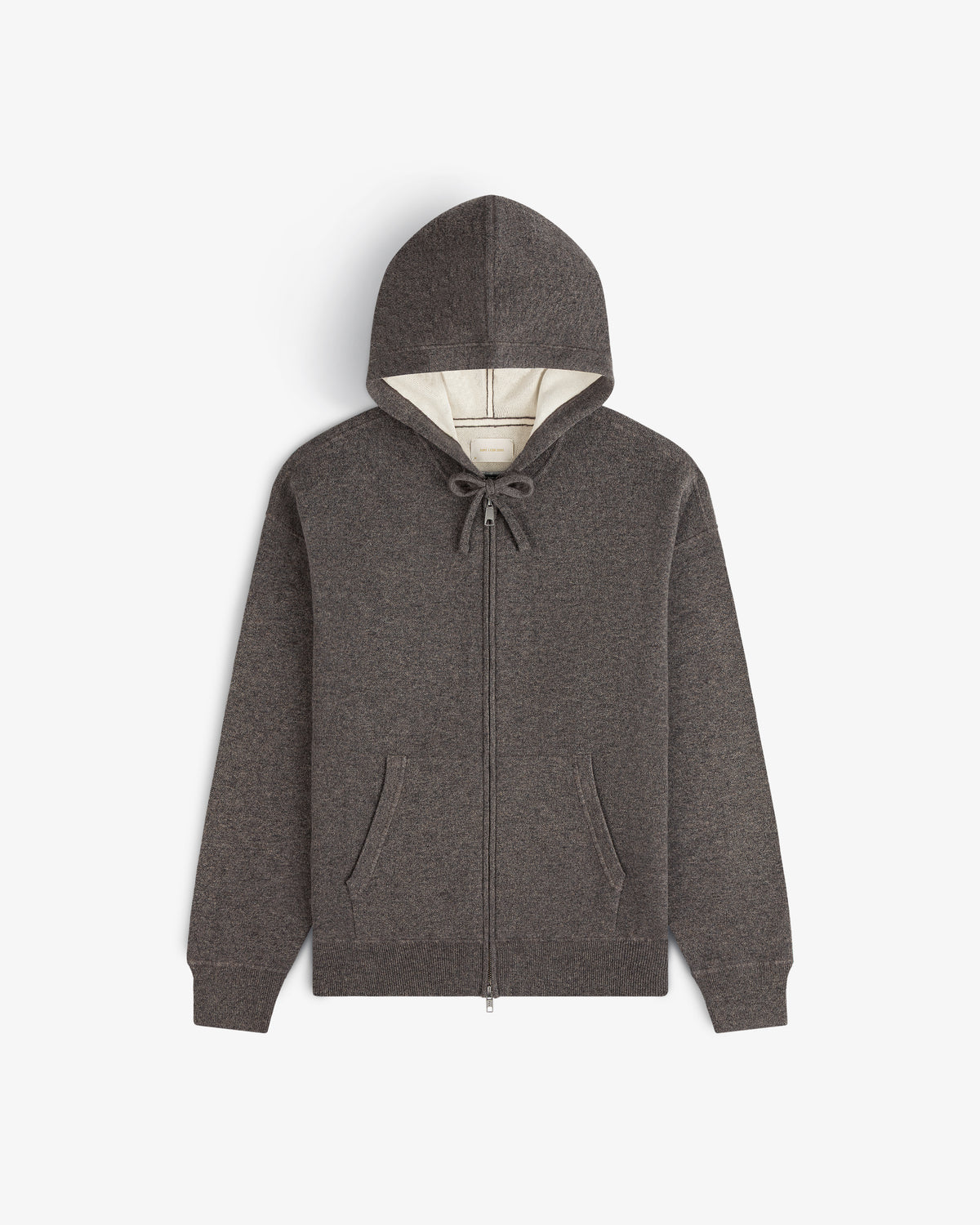 Full-Zip Pavilion Cashmere Hoodie in gray with front pockets and a drawstring hood, displayed on a white background.