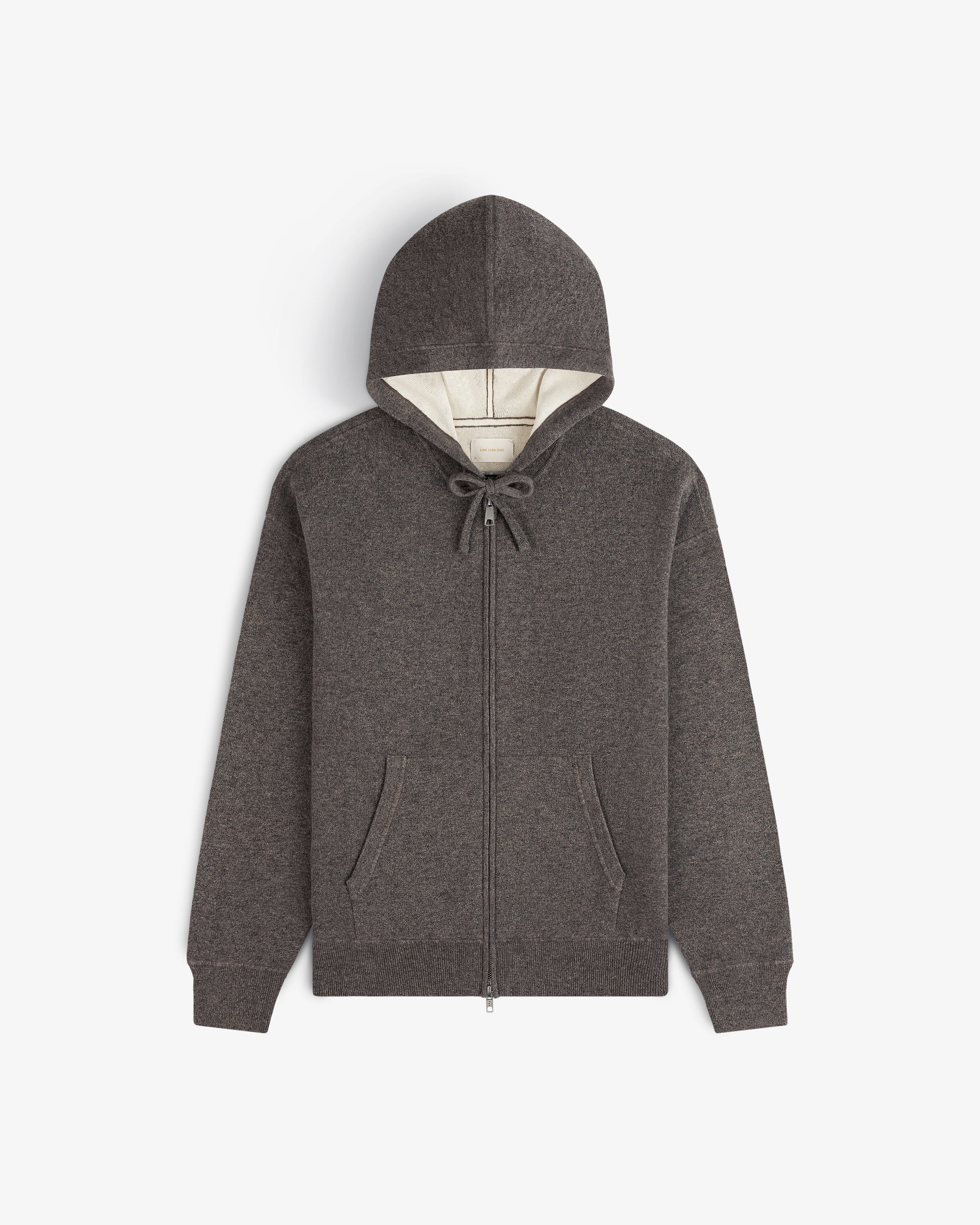 Full-Zip Pavilion Cashmere Hoodie in gray with front pockets and a drawstring hood, displayed on a white background.