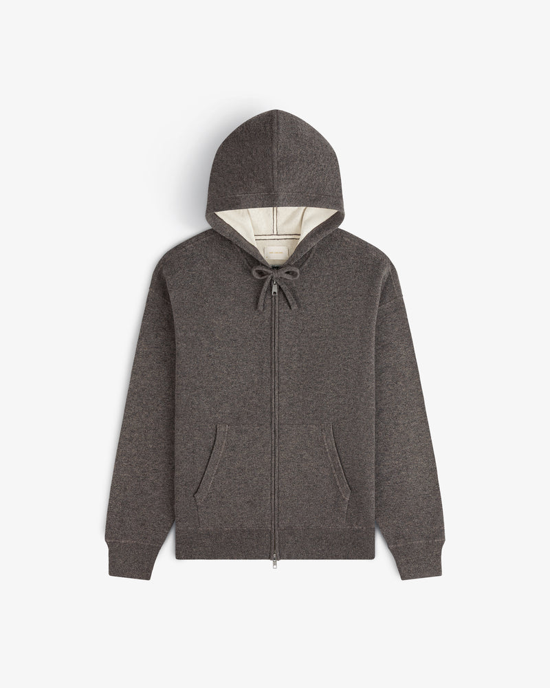 Full-Zip Pavilion Cashmere Hoodie in gray with front pockets and a drawstring hood, displayed on a white background.