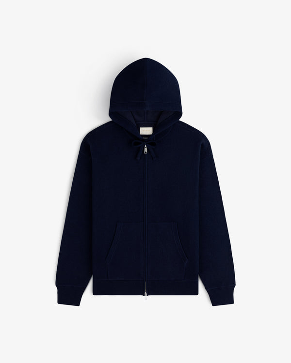 Full-Zip Pavilion Cashmere Hoodie in navy, with front pockets and drawstring hood, shown flat on white background.