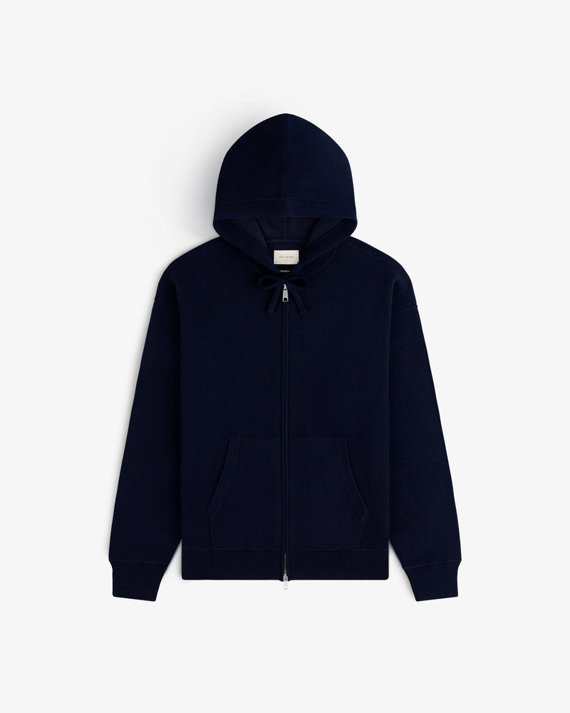 Full-Zip Pavilion Cashmere Hoodie in navy, with front pockets and drawstring hood, shown flat on white background.