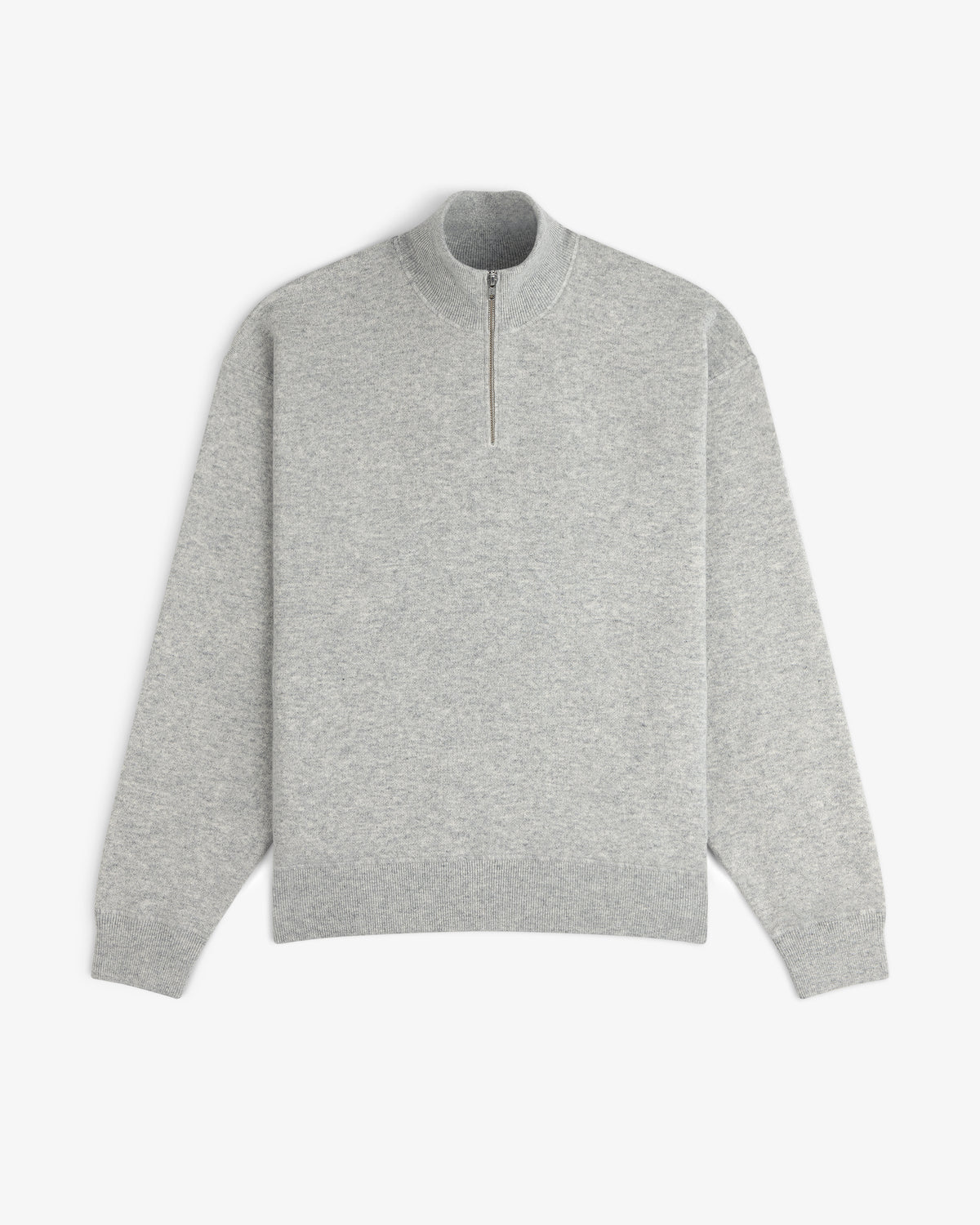 Quarter Zip Pavilion Cashmere Pullover in light gray with long sleeves, shown flat on a white background.