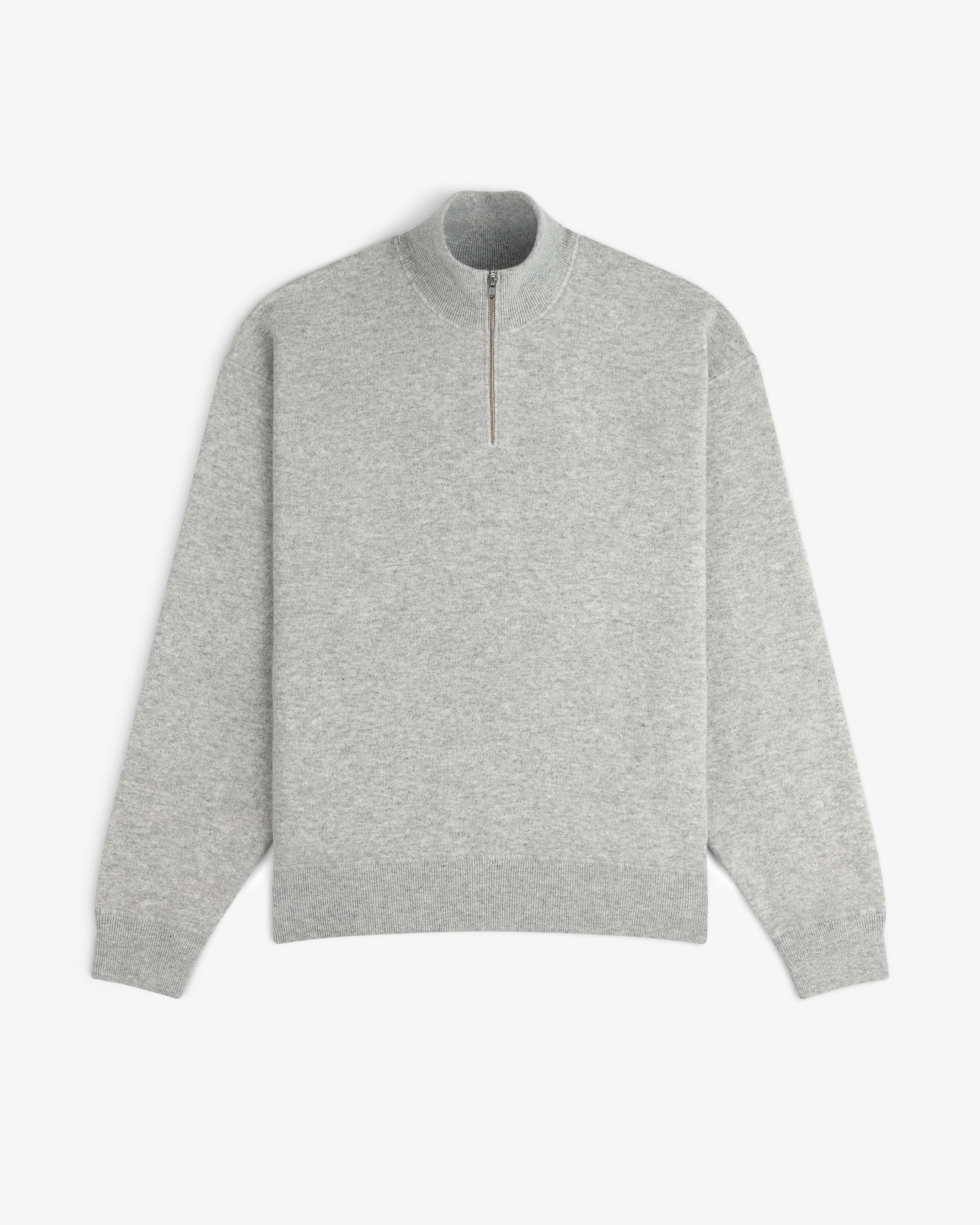 Quarter Zip Pavilion Cashmere Pullover in light gray with long sleeves, shown flat on a white background.