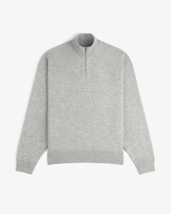 Quarter Zip Pavilion Cashmere Pullover in light gray with long sleeves, shown flat on a white background.