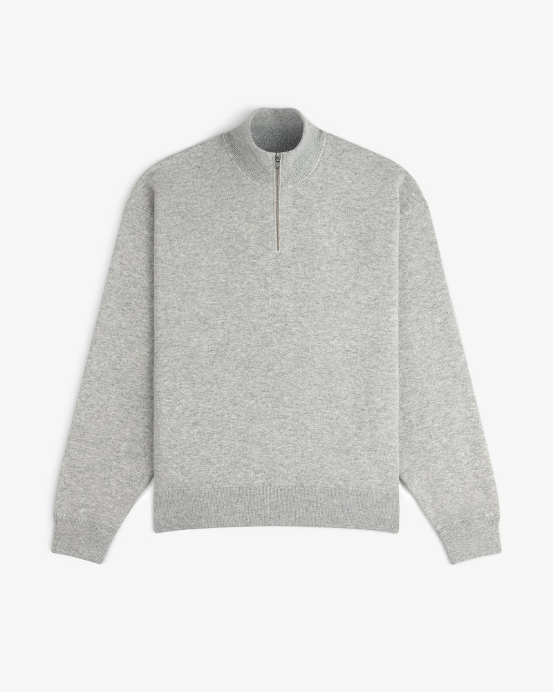 Quarter Zip Pavilion Cashmere Pullover in light gray with long sleeves, shown flat on a white background.