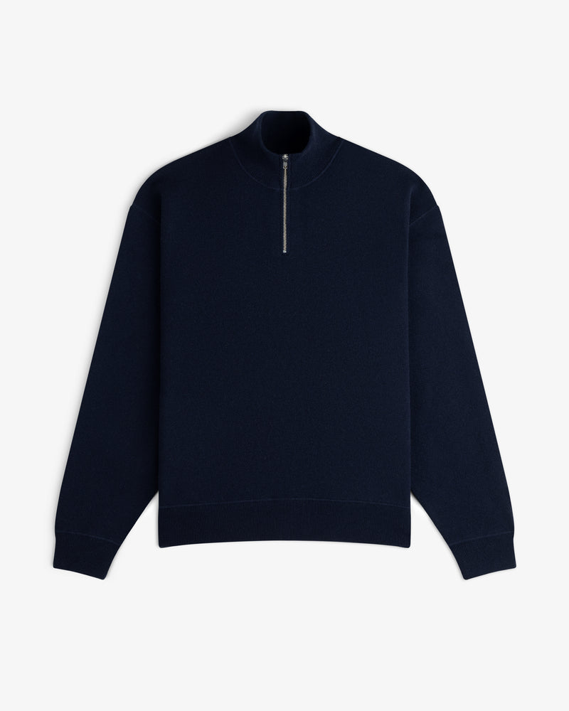Quarter Zip Pavilion Cashmere Pullover in navy, long-sleeve with stand-up collar, shown flat on a white background.