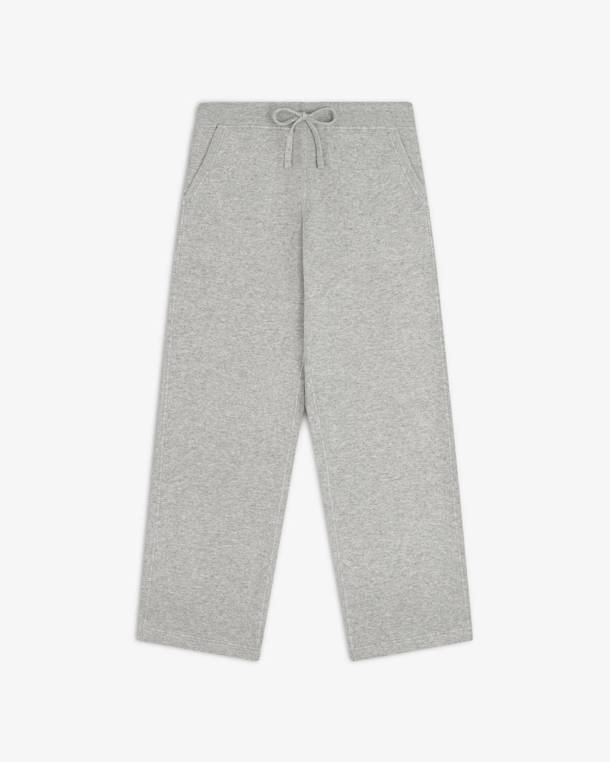 Pavilion Cashmere Sweatpant in light gray with elastic waistband, drawstring, and side pockets on white background.