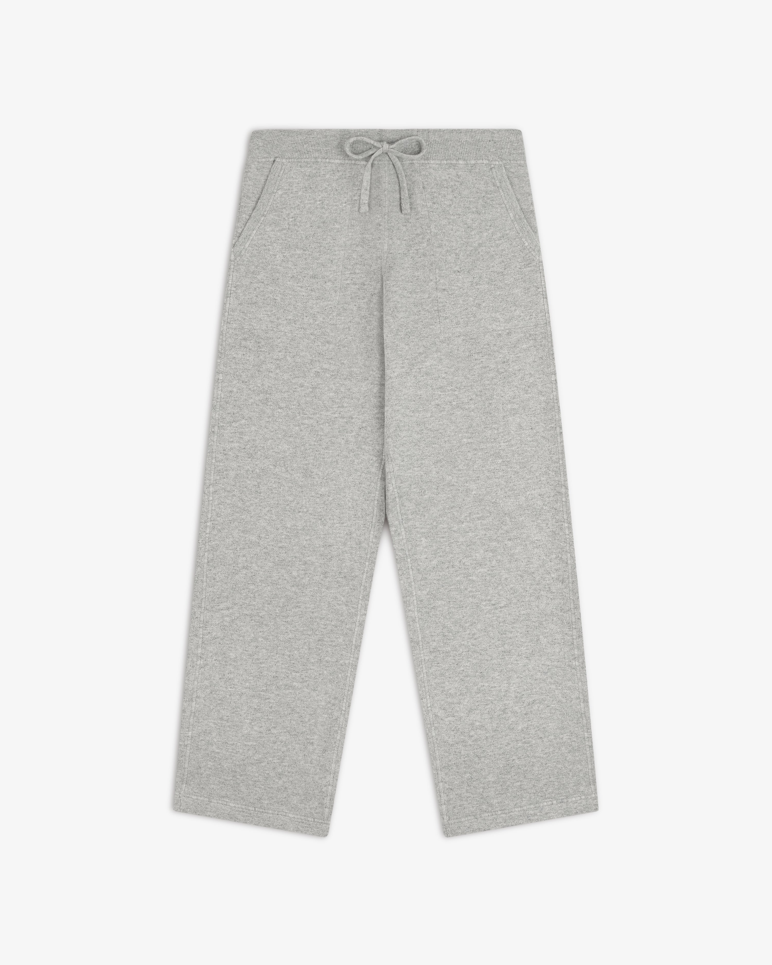 Pavilion Cashmere Sweatpant in light gray with elastic waistband, drawstring, and side pockets on white background.