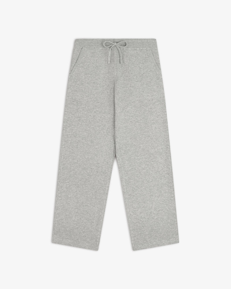 Pavilion Cashmere Sweatpant in light gray with elastic waistband, drawstring, and side pockets on white background.
