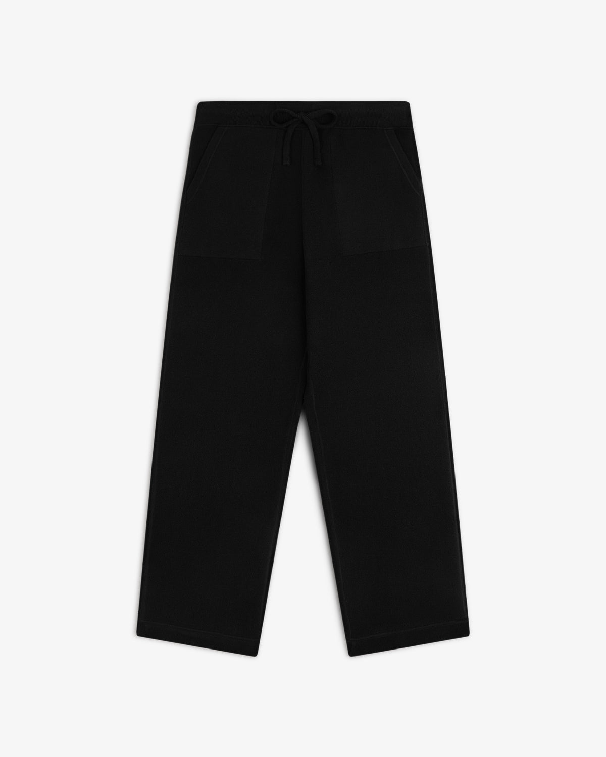 Pavilion Cashmere Sweatpant in black with wide legs, front pockets, and a drawstring waist on white background.