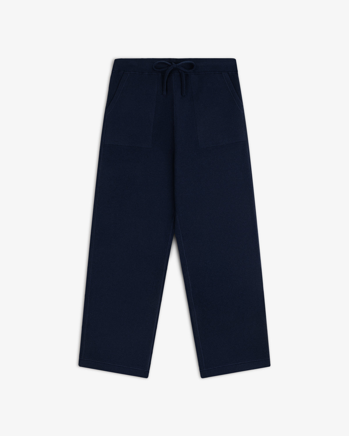 Pavilion Cashmere Sweatpant in navy, wide-leg with front pockets and drawstring waist, shown on white background.