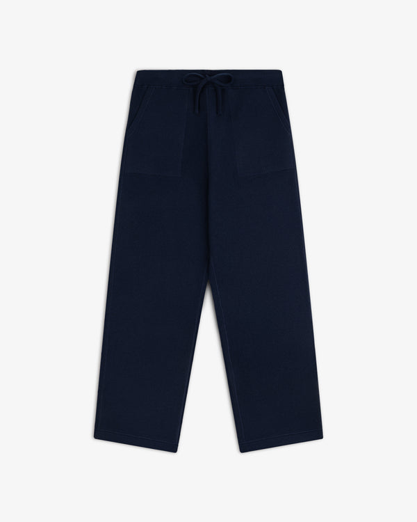 Pavilion Cashmere Sweatpant in navy, wide-leg with front pockets and drawstring waist, shown on white background.