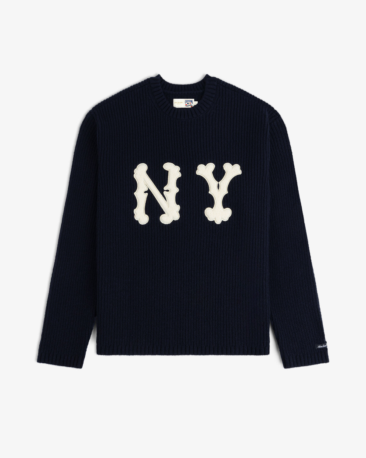 NY Highlanders Ribbed Wool Crewneck Sweater in navy with large white NY letters, shown flat on a white background.