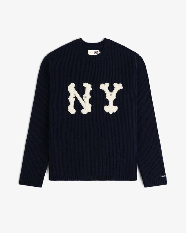 NY Highlanders Ribbed Wool Crewneck Sweater in navy with large white NY letters, shown flat on a white background.