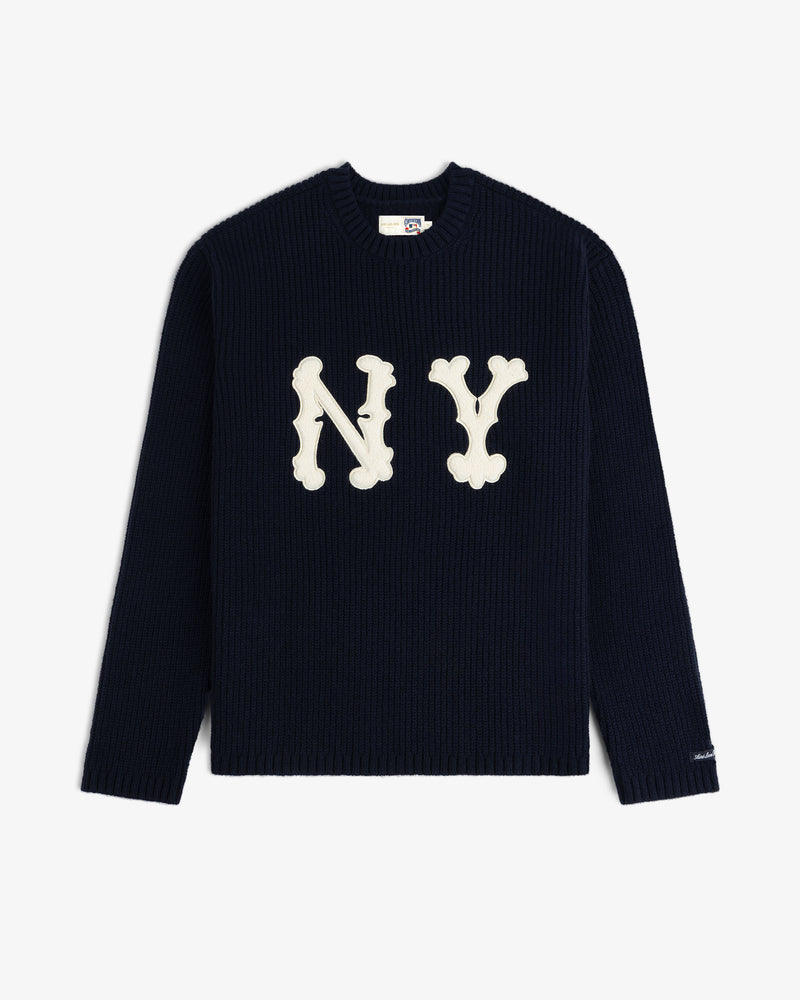 NY Highlanders Ribbed Wool Crewneck Sweater in navy with large white NY letters, shown flat on a white background.