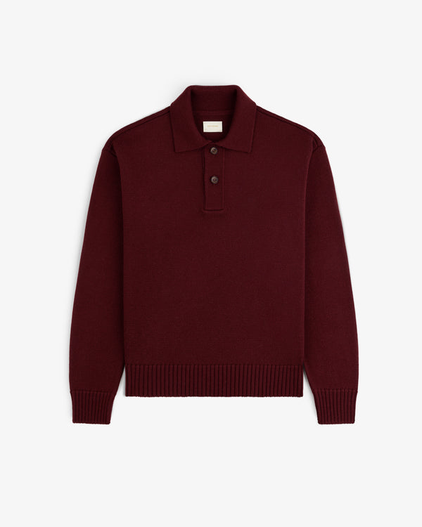 Maroon Long-Sleeve Merino Polo with a button placket and ribbed cuffs.