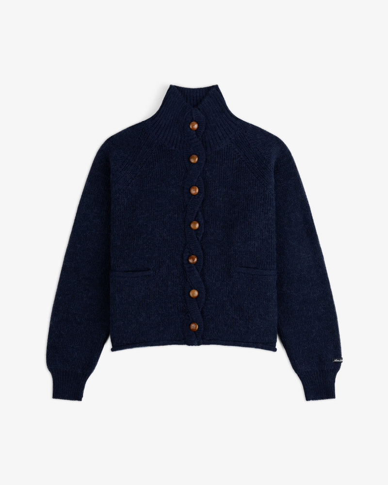 Twisted Rib Cardigan in navy blue with a high collar, button front, and two front pockets.