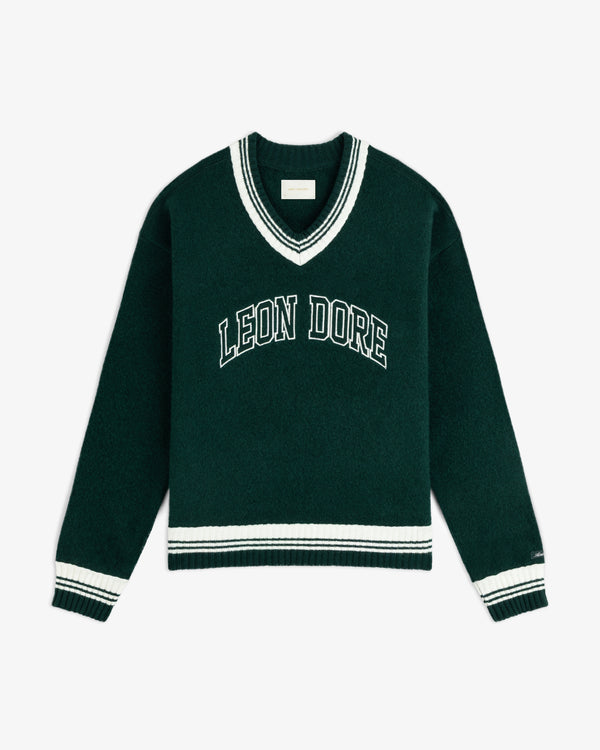 Dark green Boiled Wool Letterman sweater with white striped trim and LEON DORE in white collegiate lettering.