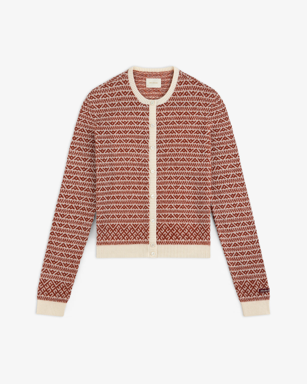 Wool Cashmere Jacquard Cardigan button-down with a red and cream geometric pattern and cream ribbed trim.
