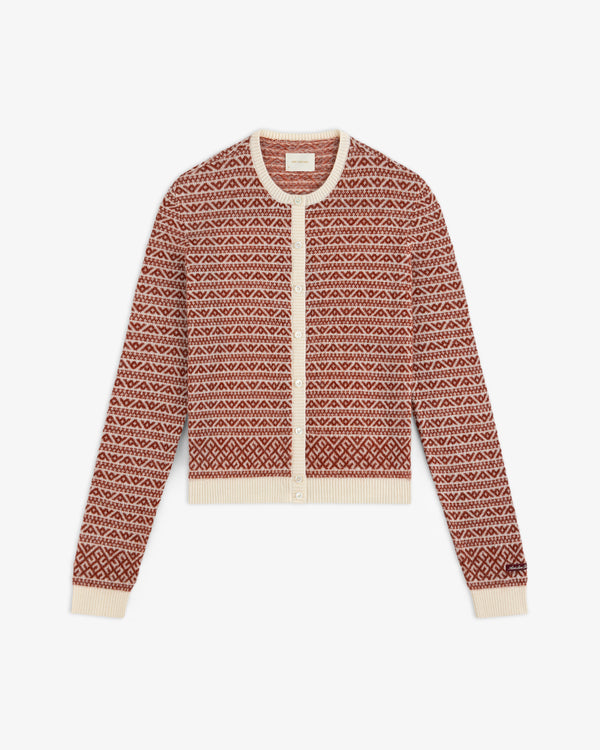 Wool Cashmere Jacquard Cardigan button-down with a red and cream geometric pattern and cream ribbed trim.