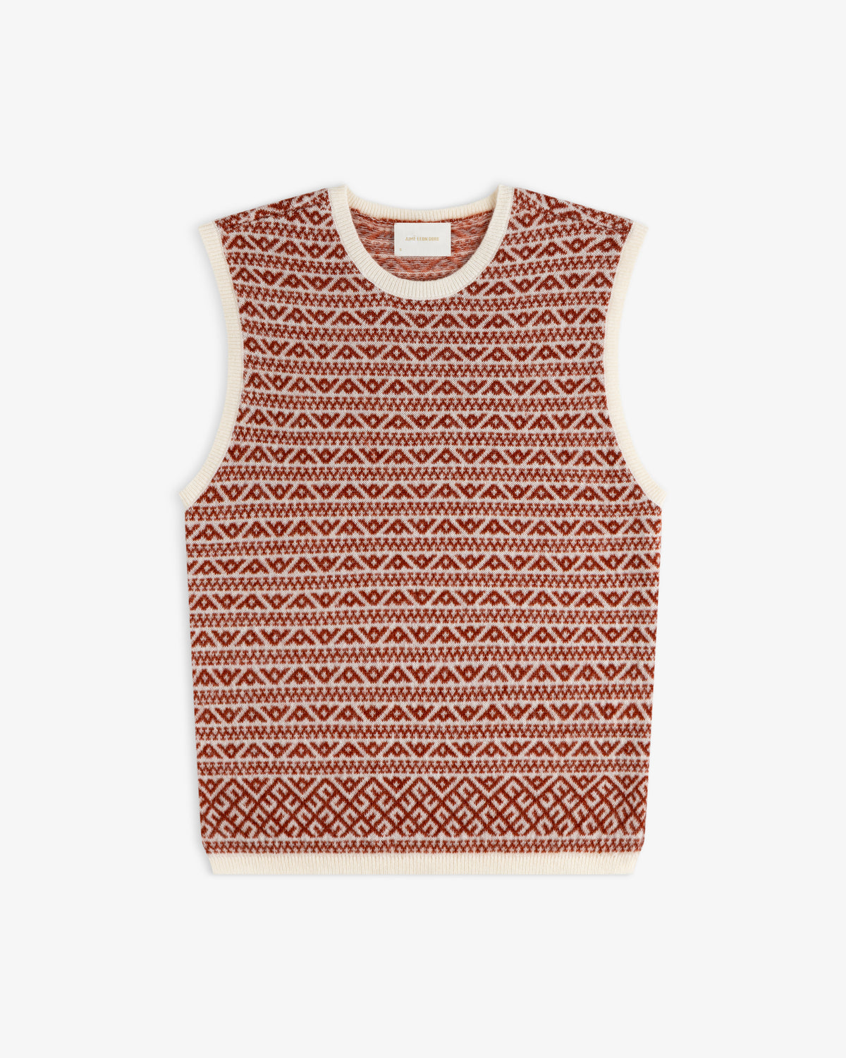 Wool Cashmere Jacquard Shell sleeveless sweater with a rust-colored geometric pattern and cream trim.