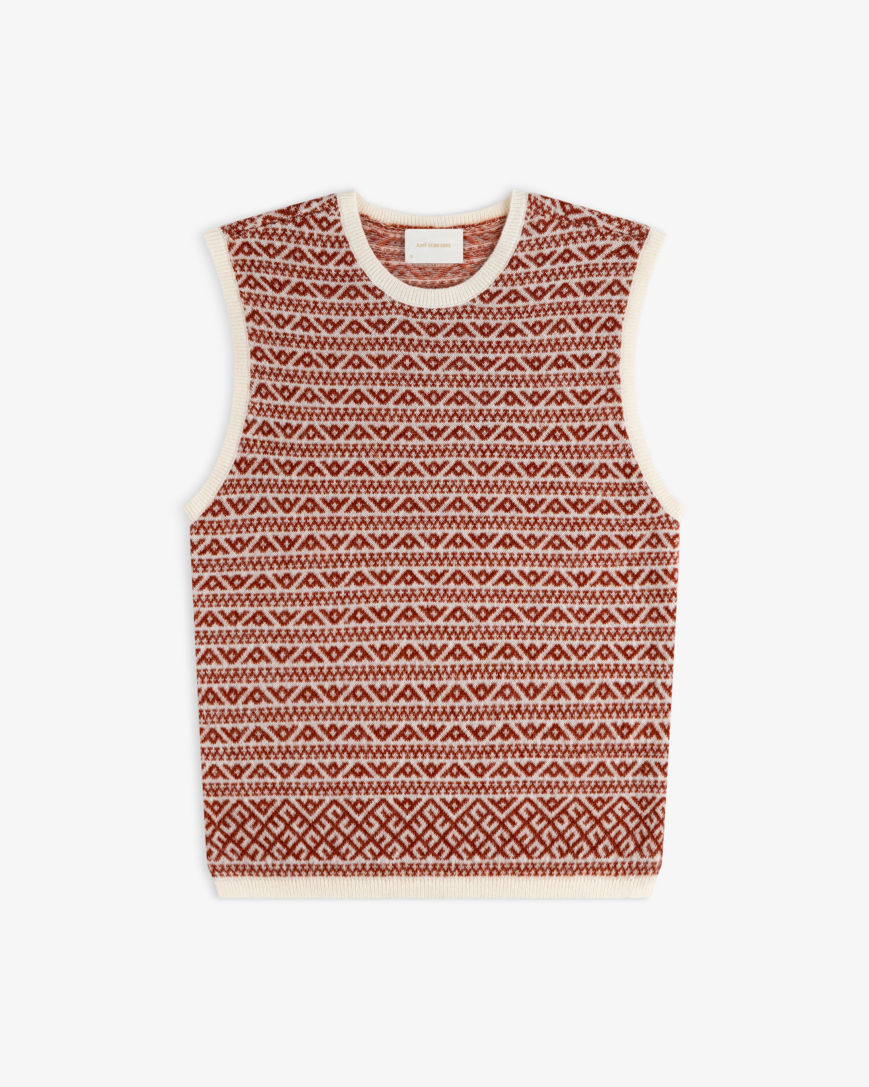 Wool Cashmere Jacquard Shell sleeveless sweater with a rust-colored geometric pattern and cream trim.