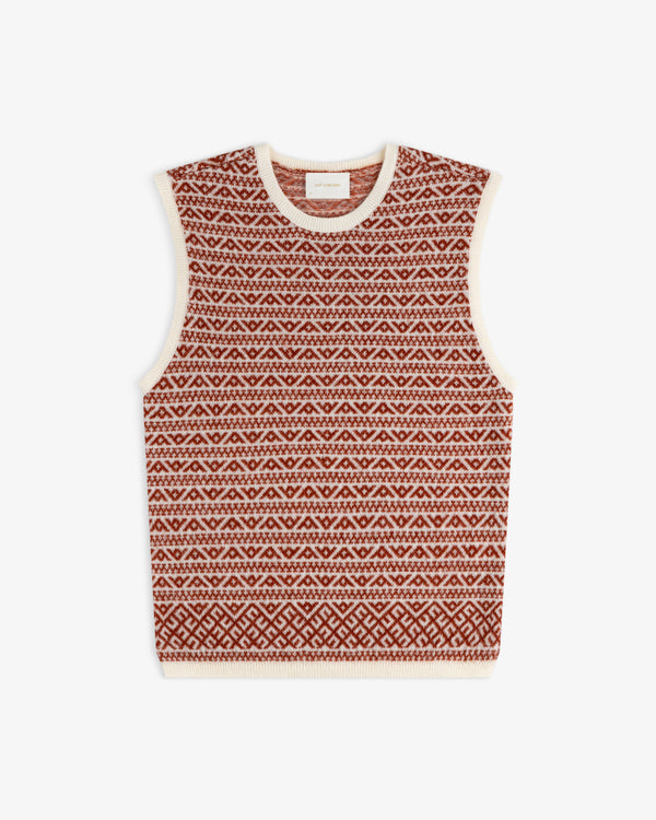 Wool Cashmere Jacquard Shell sleeveless sweater with a rust-colored geometric pattern and cream trim.