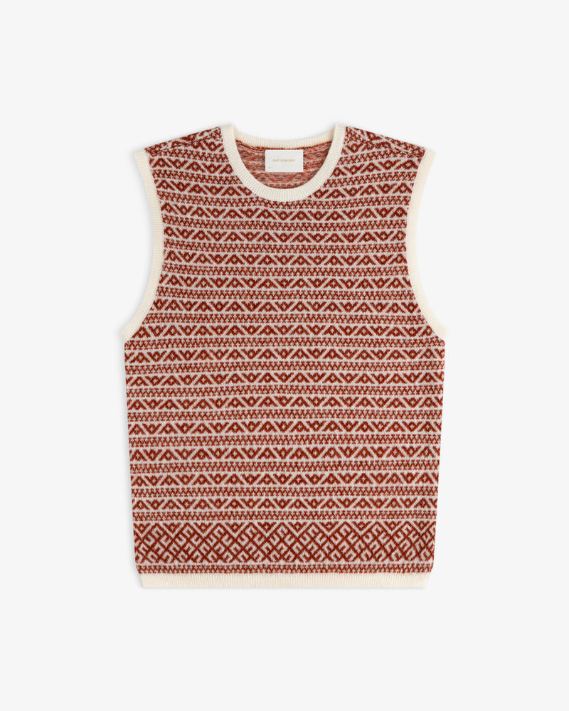 Wool Cashmere Jacquard Shell sleeveless sweater with a rust-colored geometric pattern and cream trim.