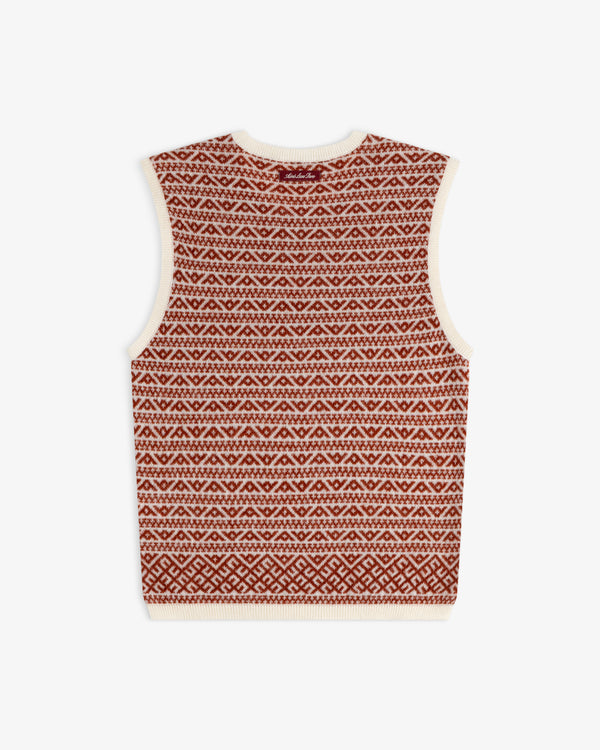 Wool Cashmere Jacquard Shell sleeveless knit sweater vest with a red and cream geometric pattern.