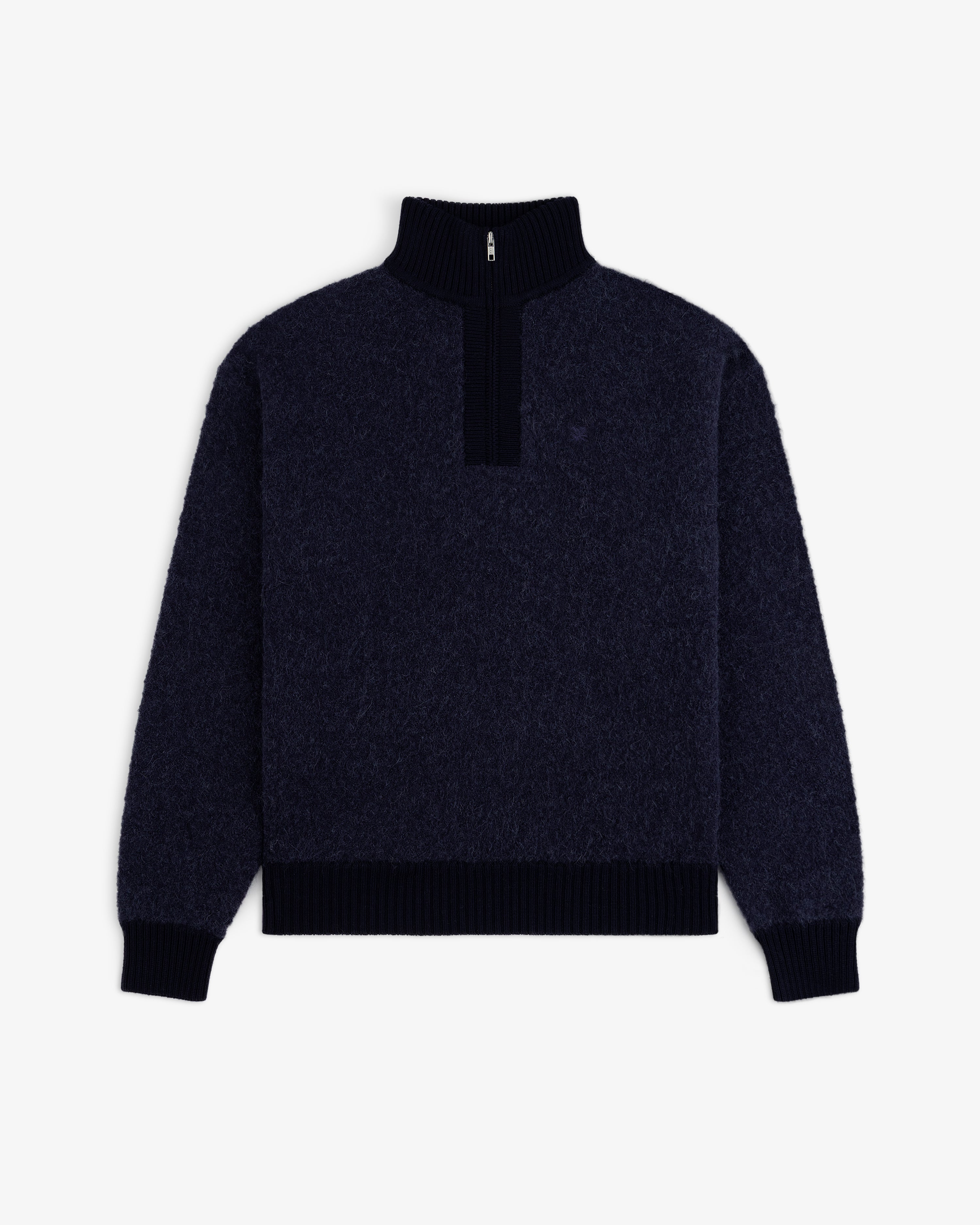 Navy Alpaca Wool Quarter Zip Sweater with long sleeves and ribbed cuffs, collar, and hem.
