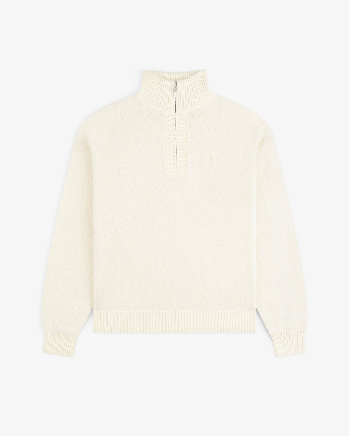 Alpaca Wool Quarter Zip Sweater in cream, long-sleeve, ribbed collar/cuffs/hem, laid flat.