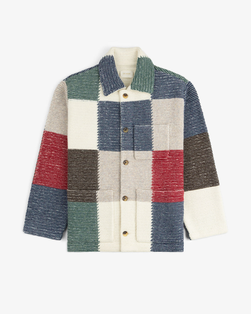 Patchwork Knit Chore Jacket made of multicolored knitted square patches with a button-up front.